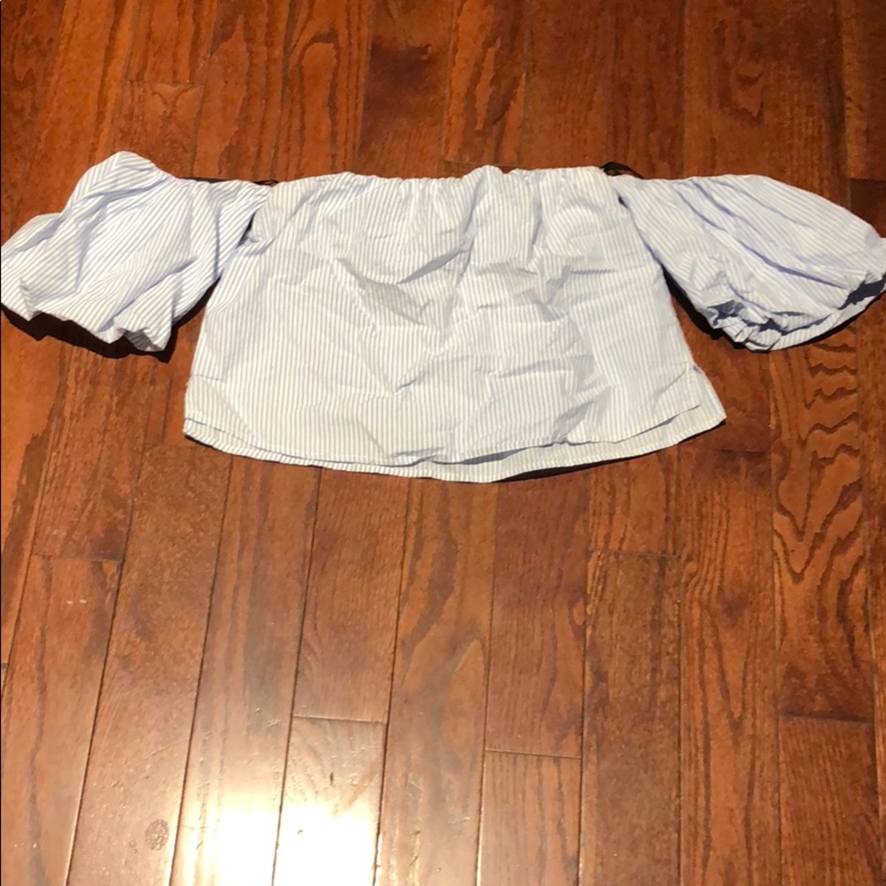 Blue white striped crop top off shoulder small